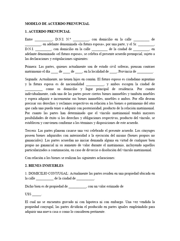 Modelo de Acuerdo Prenupcial | PDF | Propiedad | Matrimonio