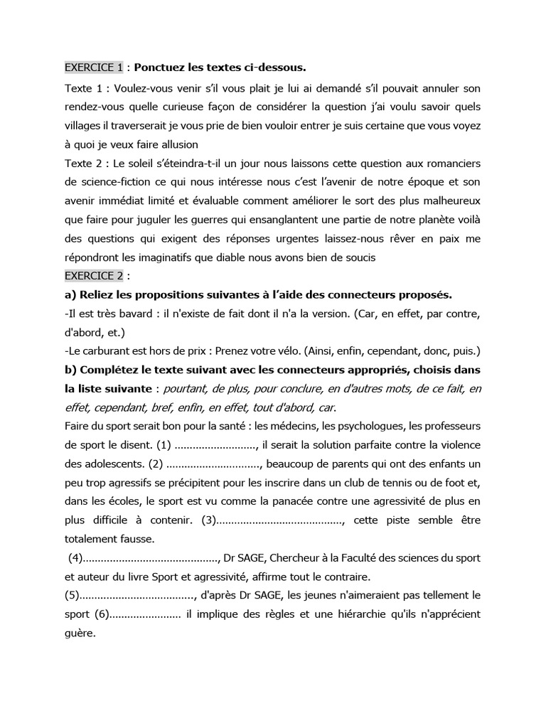Exercices d'application en français | PDF | Des sports