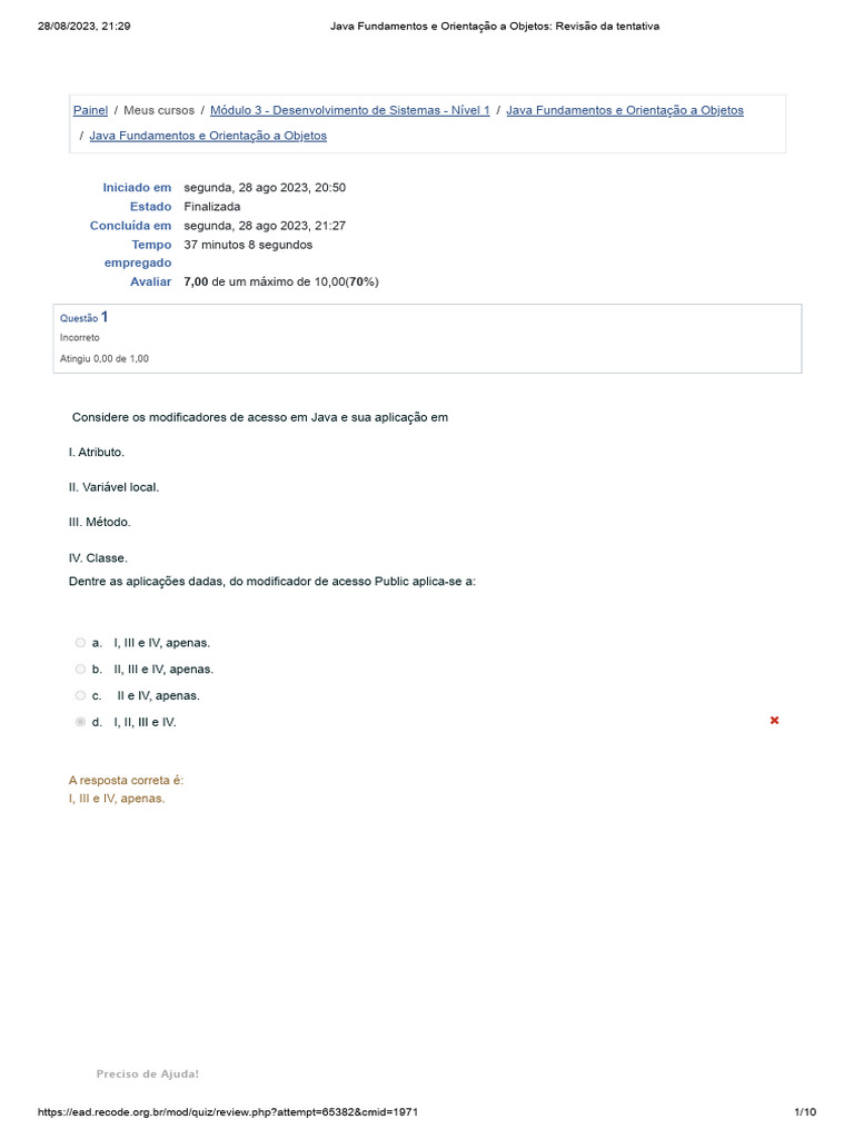 Revisão de Quiz: Java e POO | PDF | Classe (programação de computadores ...