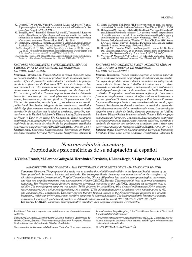 Propiedades Psicométricas de Su Adaptación Al Español: Neuropsychiatric ...