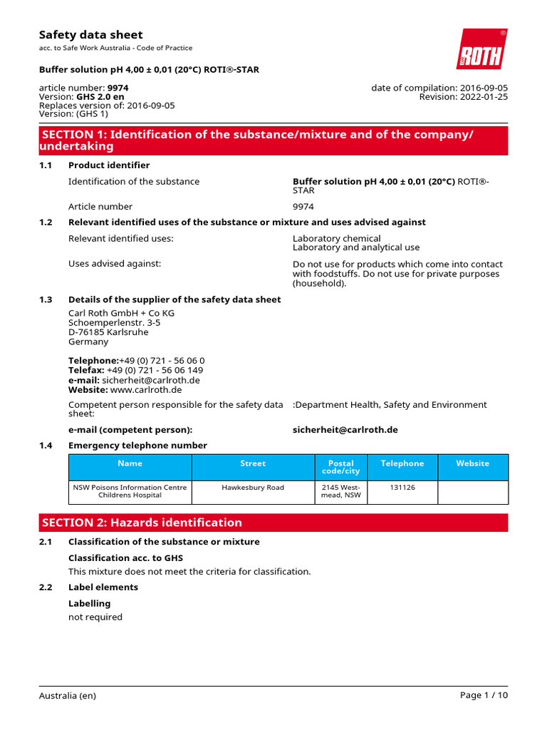 Buffer PH 4 PDF Dangerous Goods Toxicity