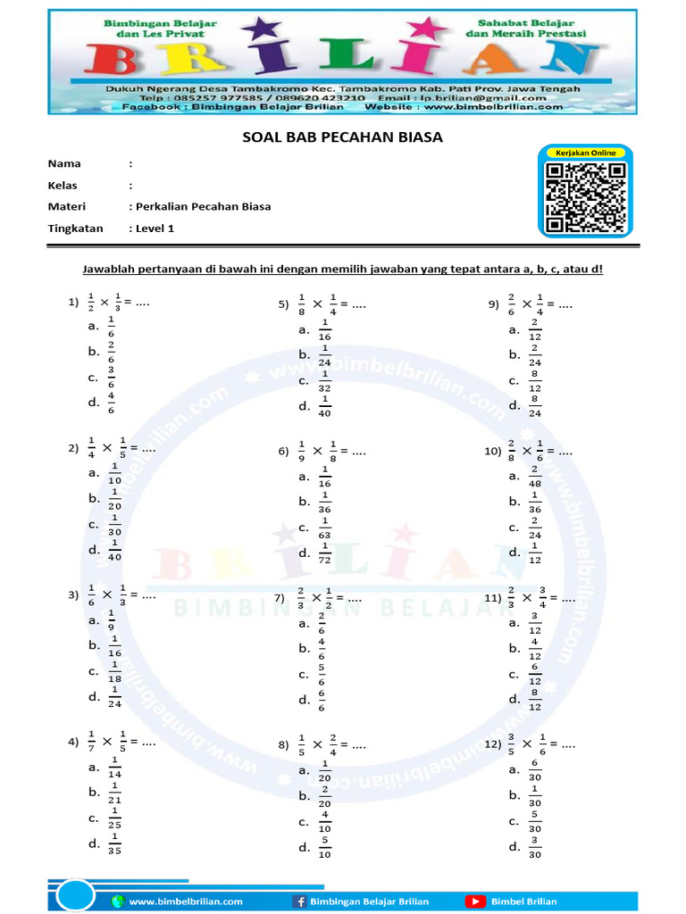 Soal Perkalian Pecahan Biasa Level 1 Pdf