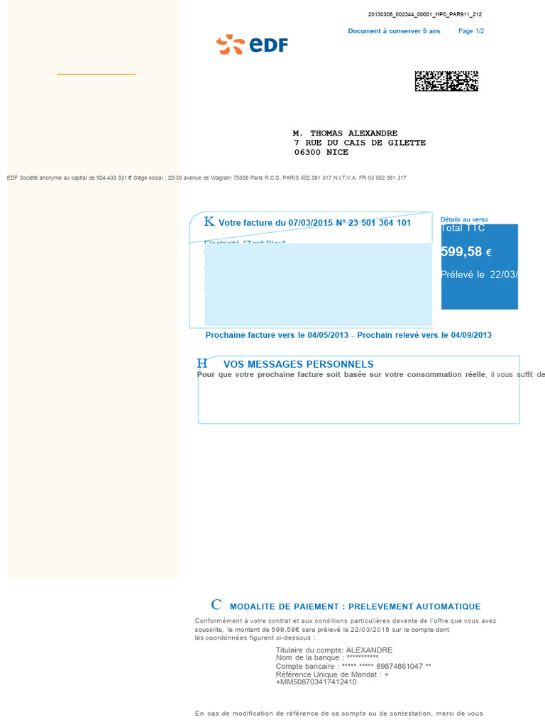 Exemple de Facture EDF 2015 | PDF | Taxe sur la valeur ajoutée | Facture