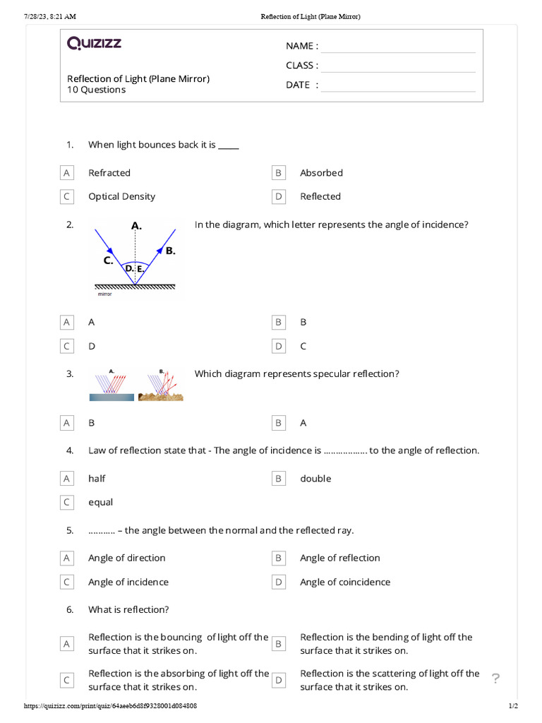 Reflection of Light Quizizz PDF