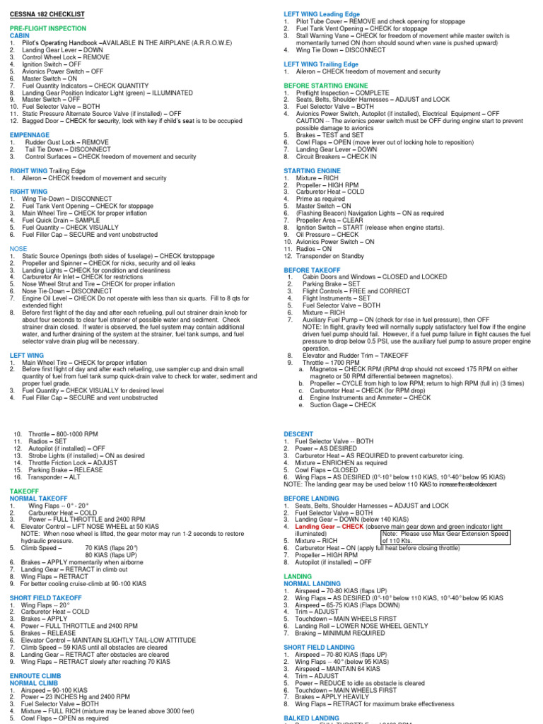 Cessna 182 Checklist | PDF | Carburetor | Landing Gear