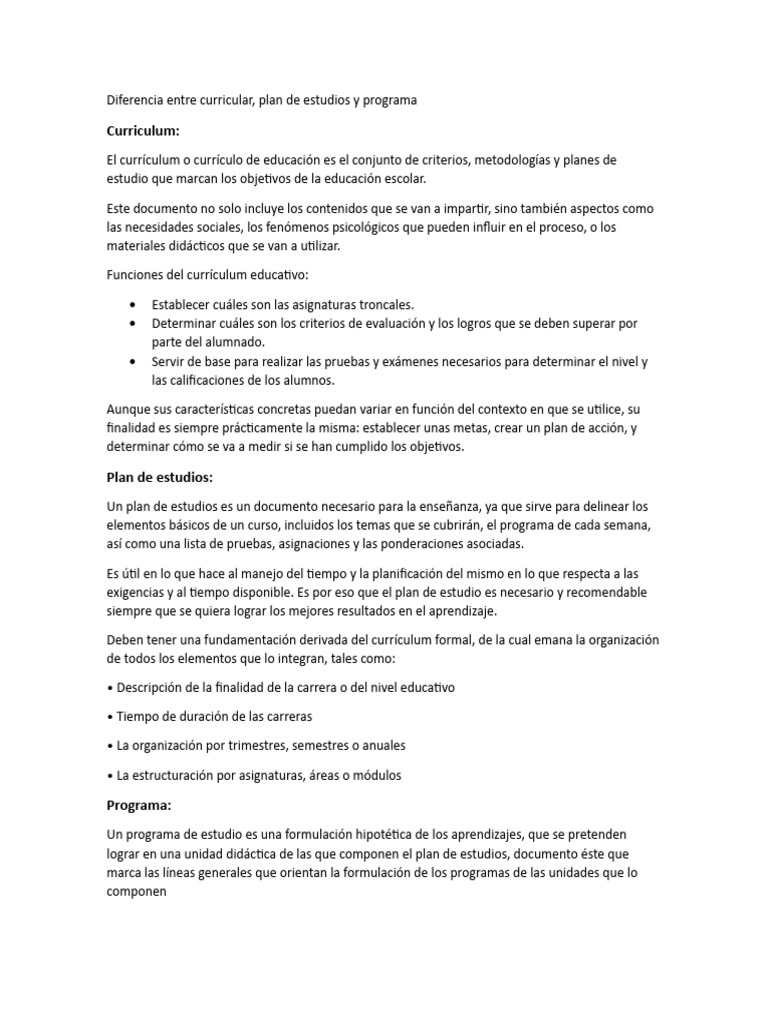 Diferencias entre currículum y planes educativos | PDF | Plan de estudios