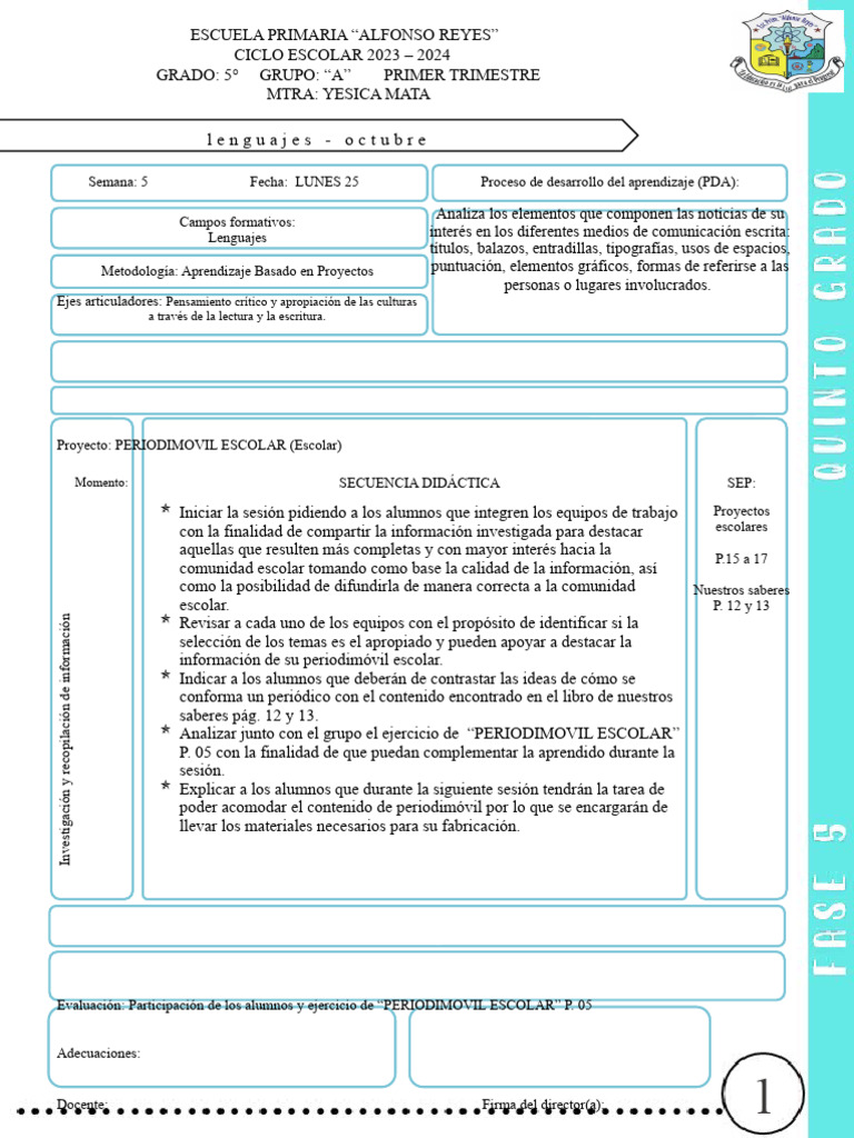 Planeacion Quinto Grado NEM Octubre Materiales Zany 23 24 PDF
