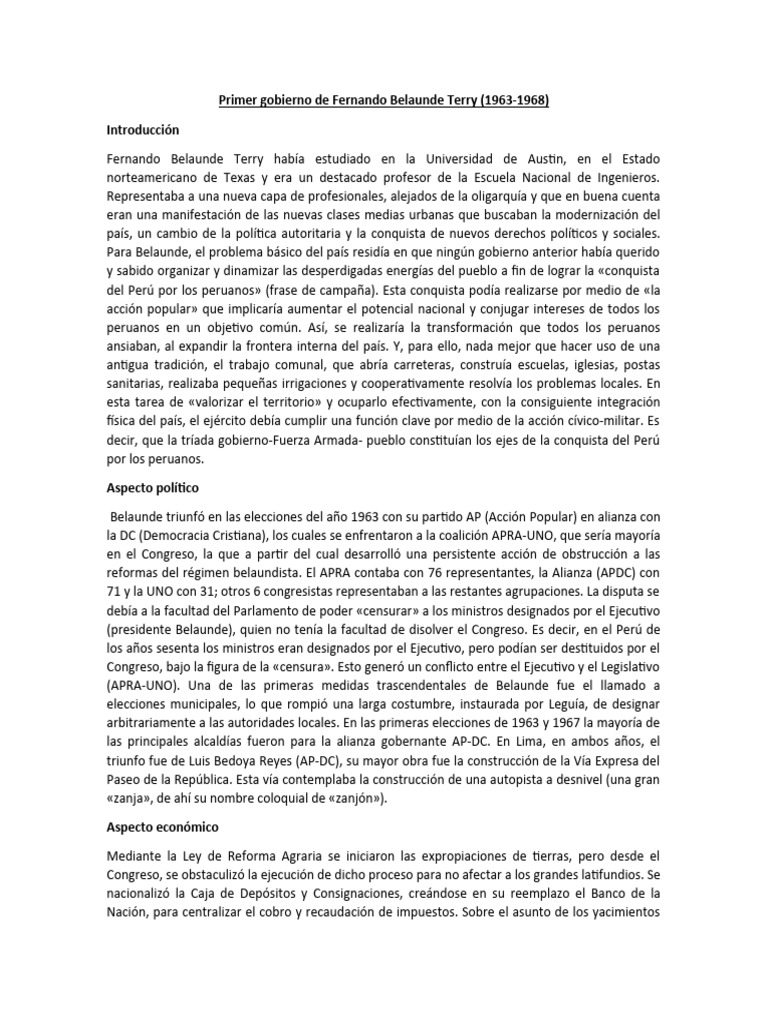 Primer Gobierno de Fernando Belaunde Terry PDF América del Sur