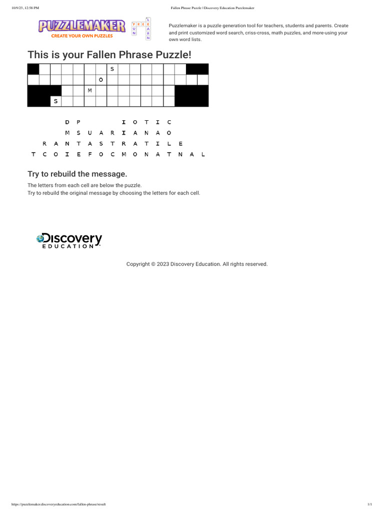 Fallen Phrase Puzzle Discovery Education Puzzlemaker PDF