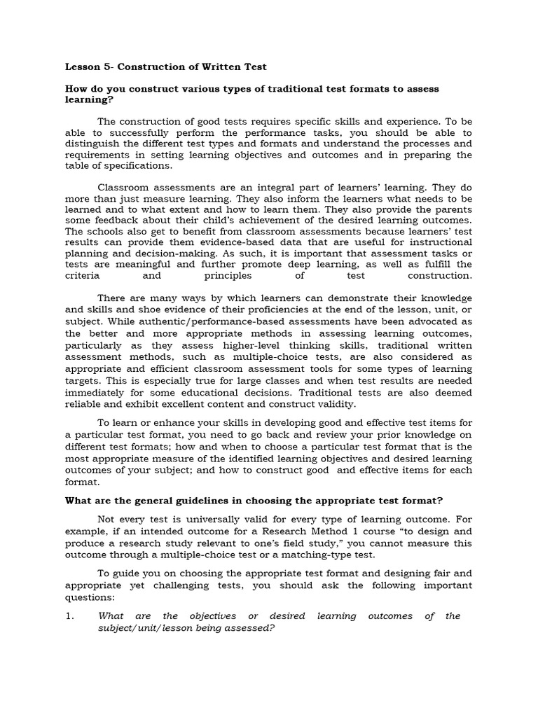 Lesson 5 Construction Of Written Test Download Free Pdf Educational