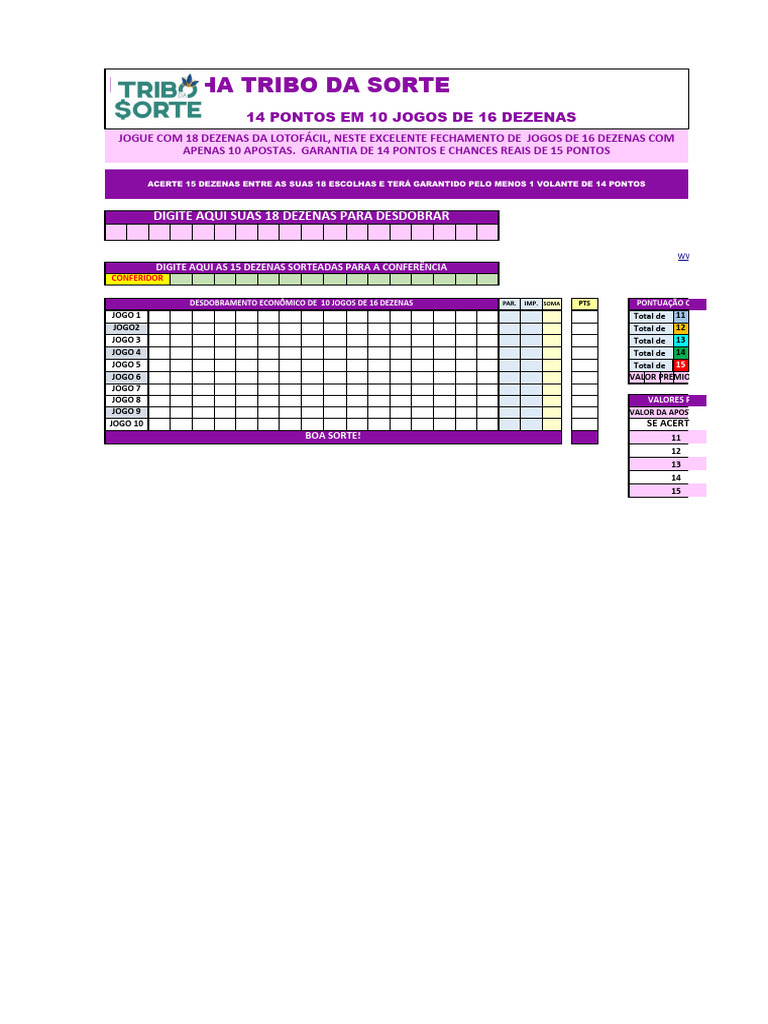 PLANILHA GRÁTIS] Desdobramento LotoFacil - 16 Números Fixos