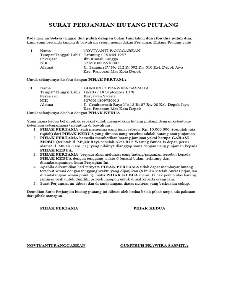 Surat Perjanjian Hutang Piutang Pdf