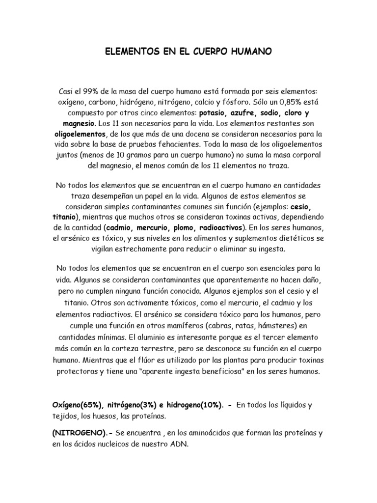 Elementos Esenciales del Cuerpo Humano | PDF | Cuerpo humano | Calcio