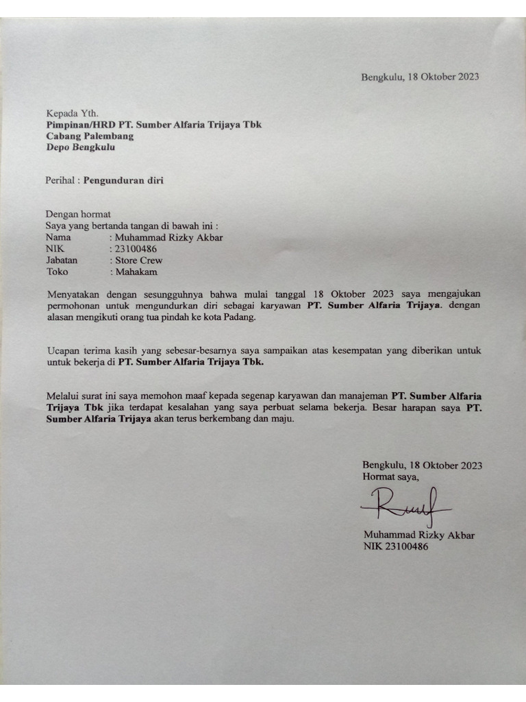 Surat Pengunduran Diri - Muhammad Rizky Akbar | PDF