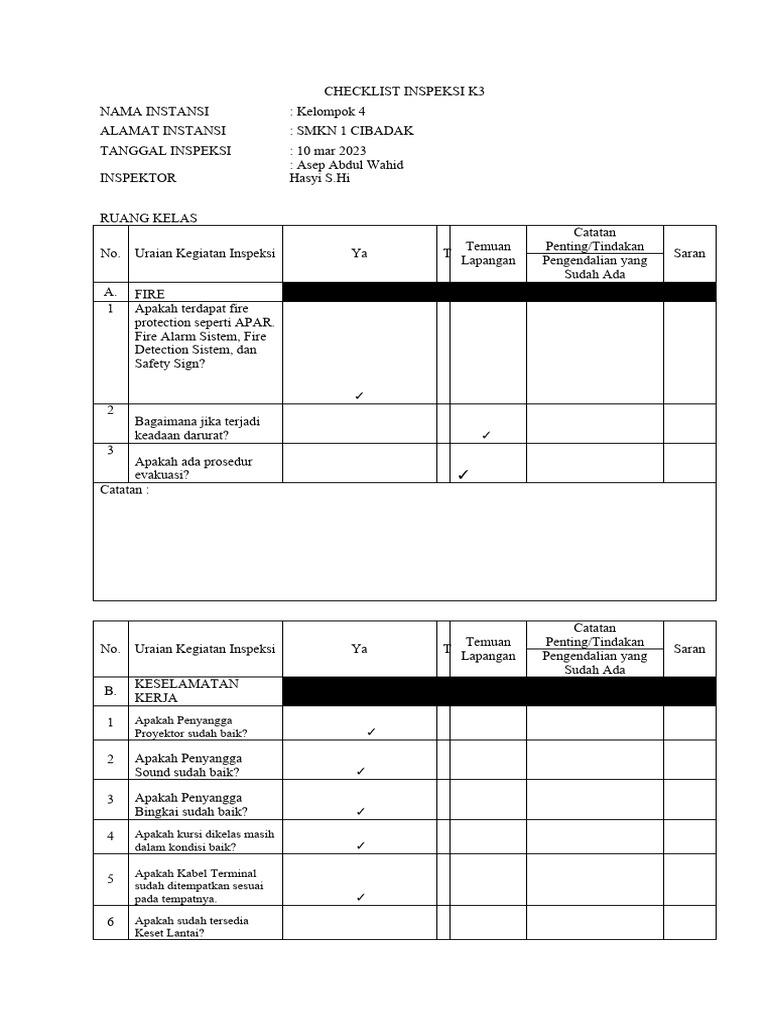 Checklist Inspeksi k3 Kelompok 4 | PDF
