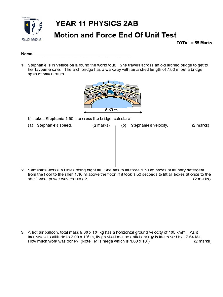 Year 11 Physics Motion Force Test Pdf Force Mechanics