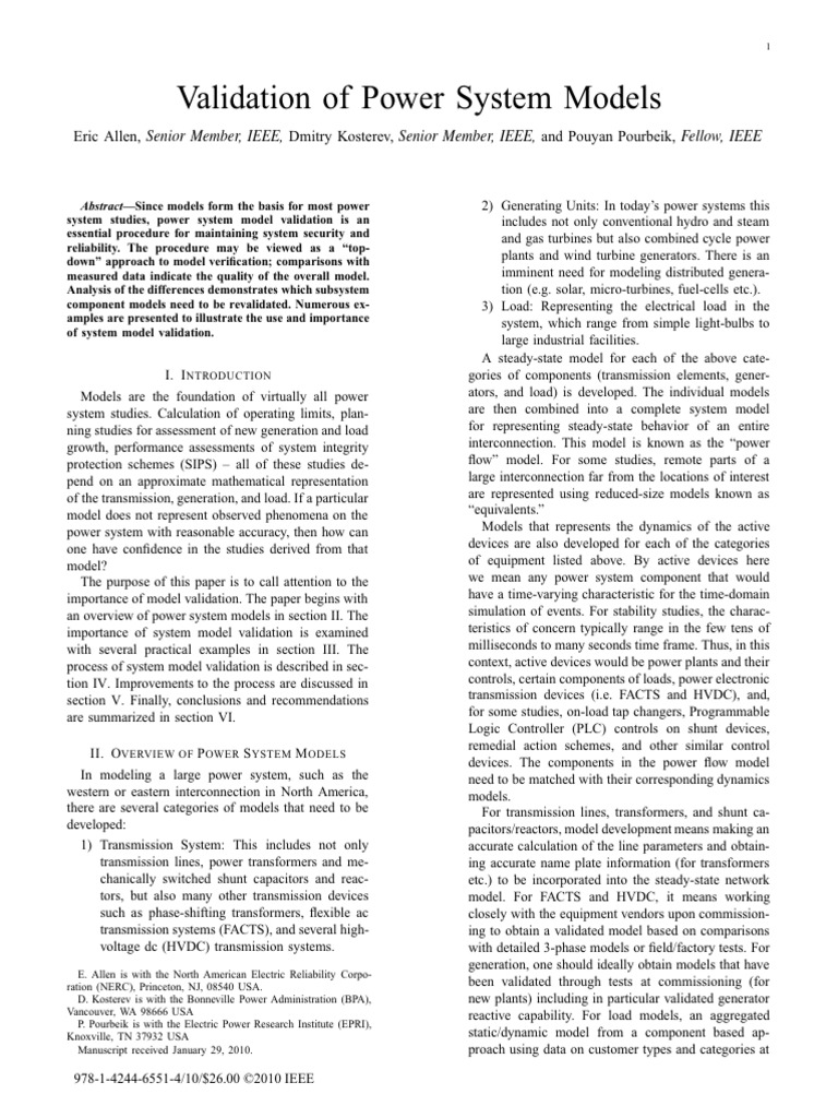 Validation of Power System Models PDF Electric Power Transmission