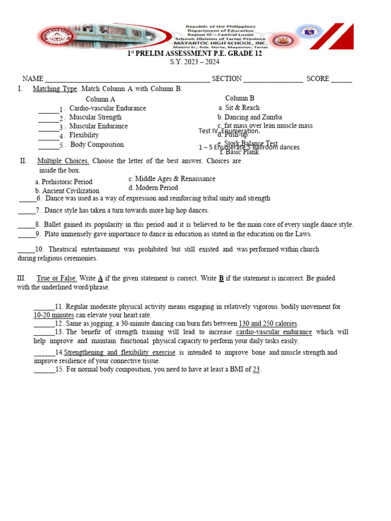 Grade 12 PE Assessment: Dance & Fitness | PDF | Dances | Skeletal Muscle