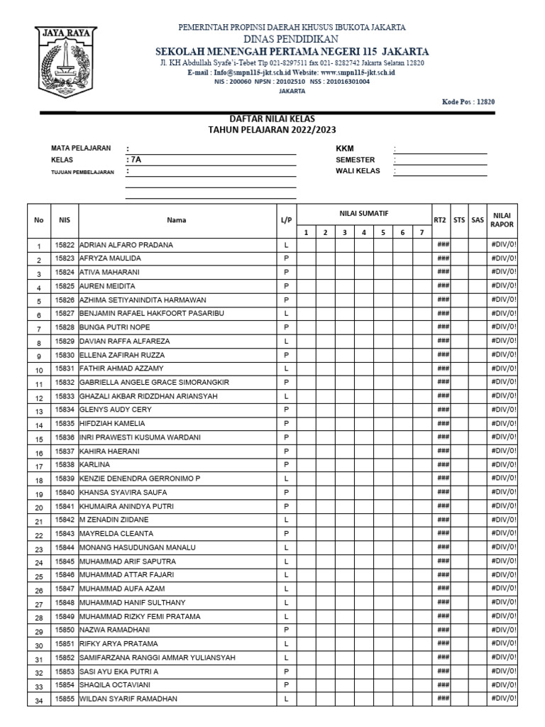 Format Daftar Nilai Kelas 7 Kurmer | PDF