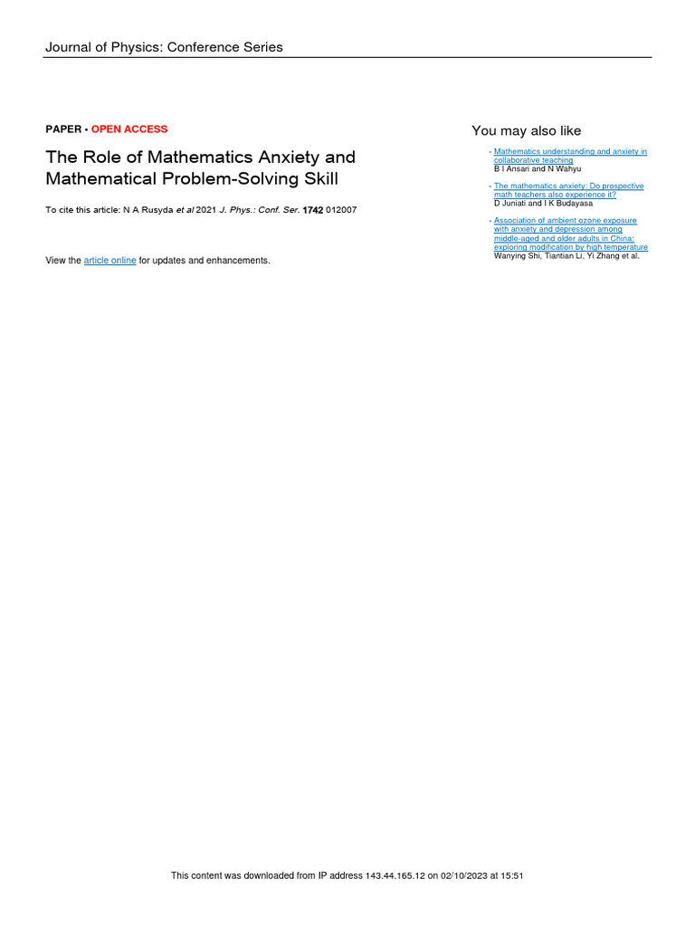 Math Anxiety & Problem-Solving Impact | PDF | Mathematics | Anxiety