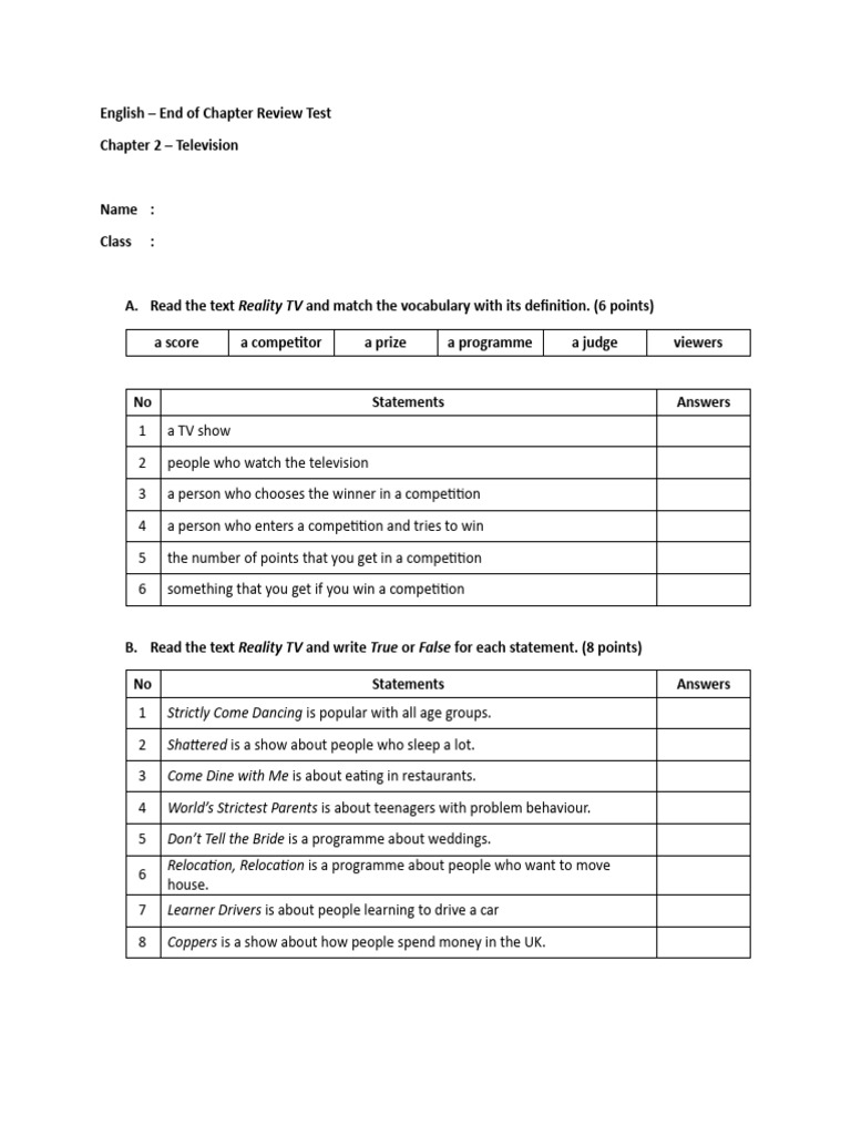 Review Test - English - Grade X - Chapter 2 | PDF | Reality Television