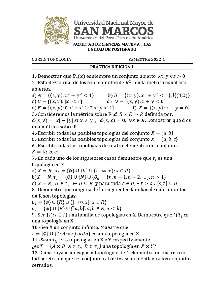 Topologia-Upg-P D 1 | PDF | Análisis matemático | Espacio (Matemáticas)