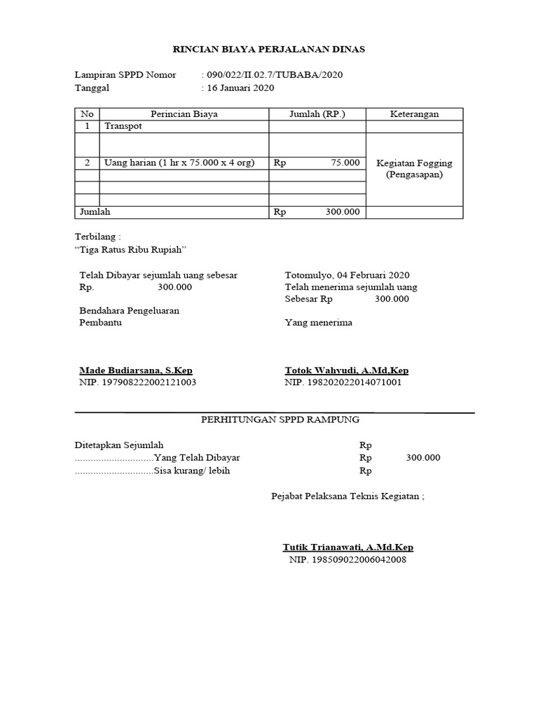 Rincian Biaya Perjalanan Dinas 1 | PDF