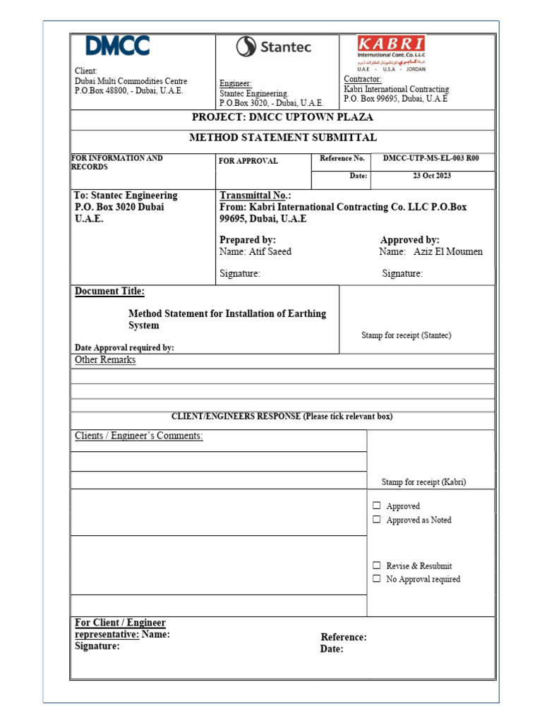 Earthing System Installation Method Statement | PDF