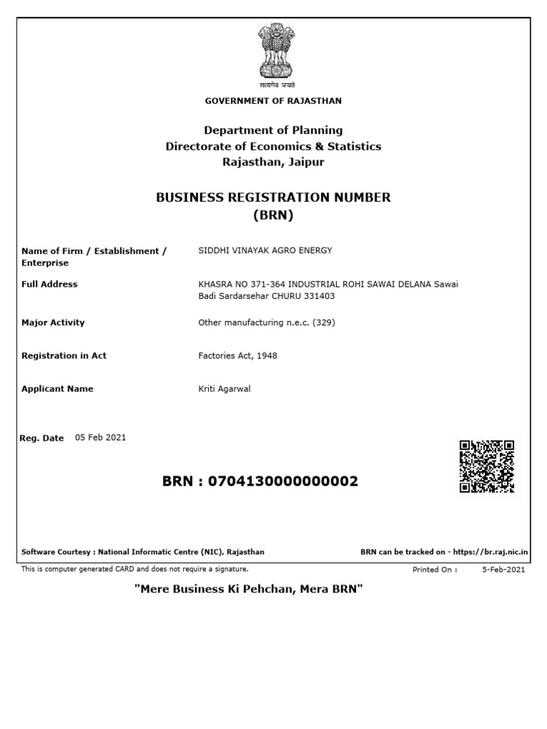 Rajasthan Business Registration Number | PDF