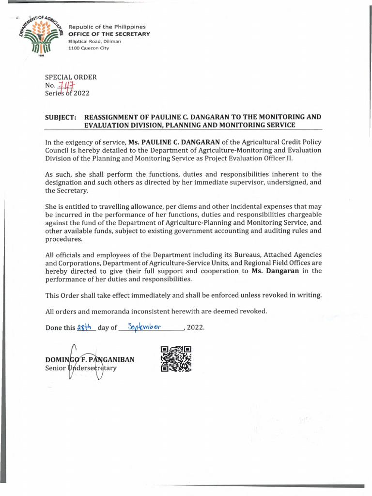 Pauline C. Dangaran Reassignment Order | PDF