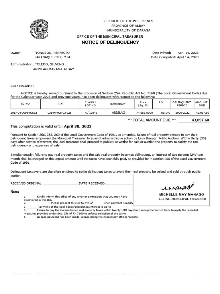 Notice Delinquency PDF Taxes Property Tax