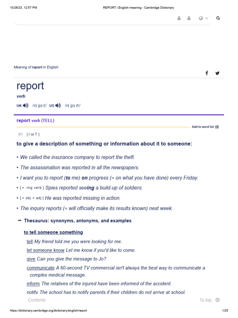 REPORT English Meaning Cambridge Dictionary PDF
