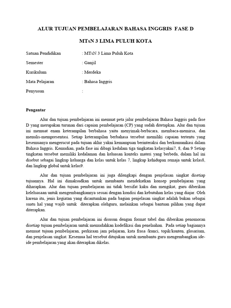 Alur Tujuan Pembelajaran Bahasa Inggris Fase D Pdf