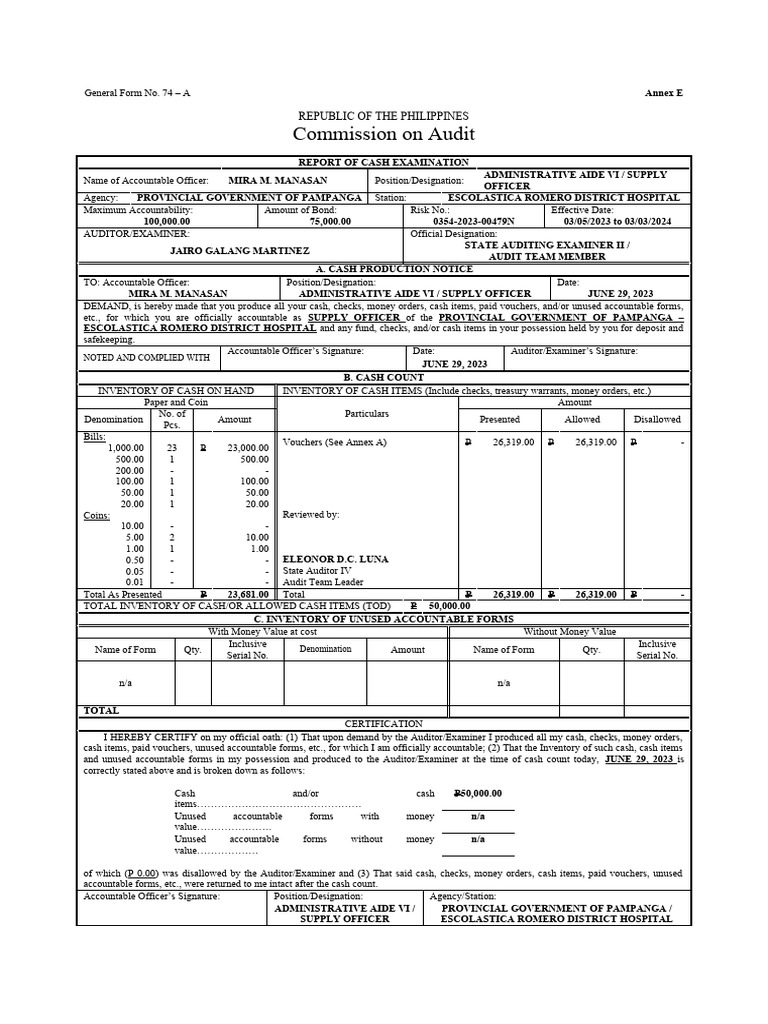 Report On Cash Examination - Mira M. Manasan - June 29, 2023 | PDF