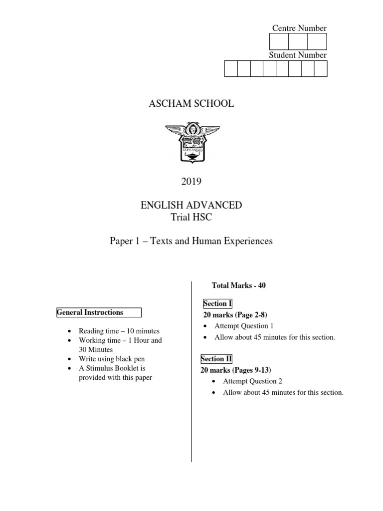 2019 HSC English Advanced Trial Paper | PDF