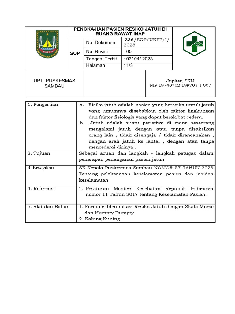 Sop Pengkajian Pasien Resiko Jatuh Di Ruang Rawat Inap Terbaru Pdf