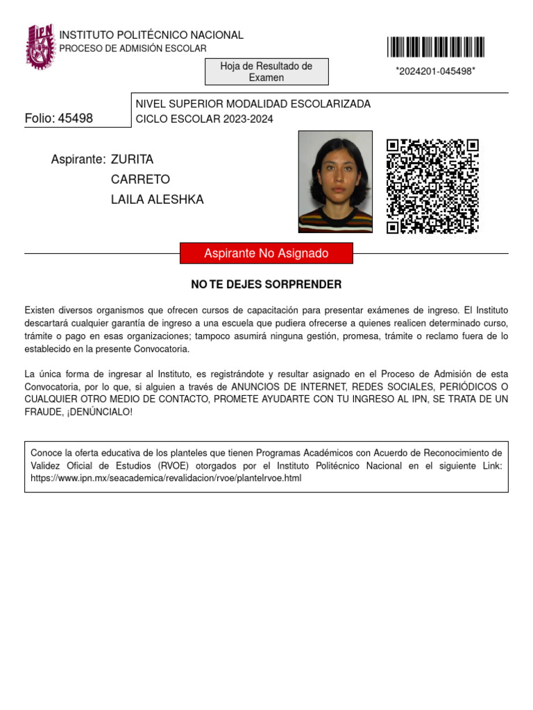 Resultados de Aspirante No Asignado IPN | PDF