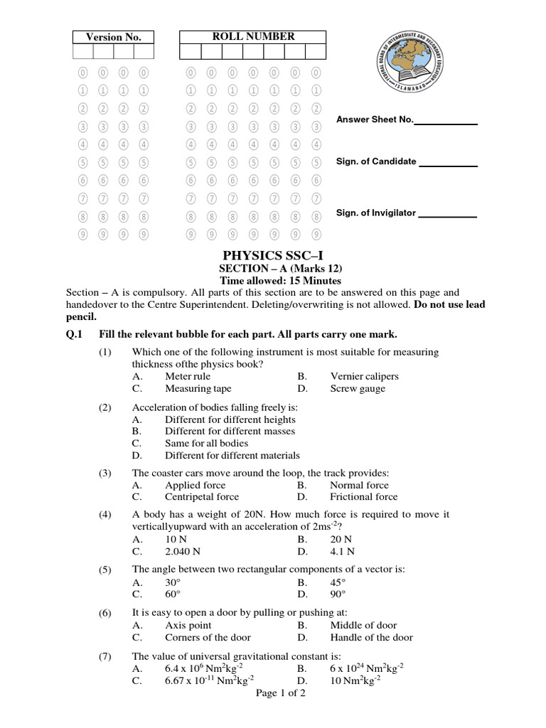 SSC-I Physics Model Question Paper | PDF | Force | Heat
