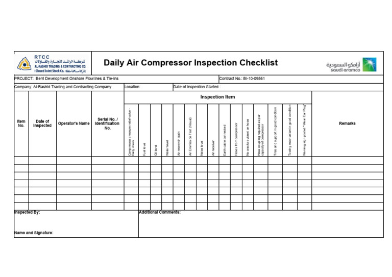 Daily Air Compressor Inspection Checklist PDF Equipment Gas