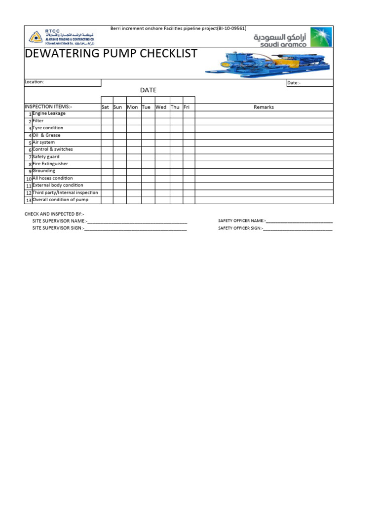 Dewatering Pump Checklist PDF