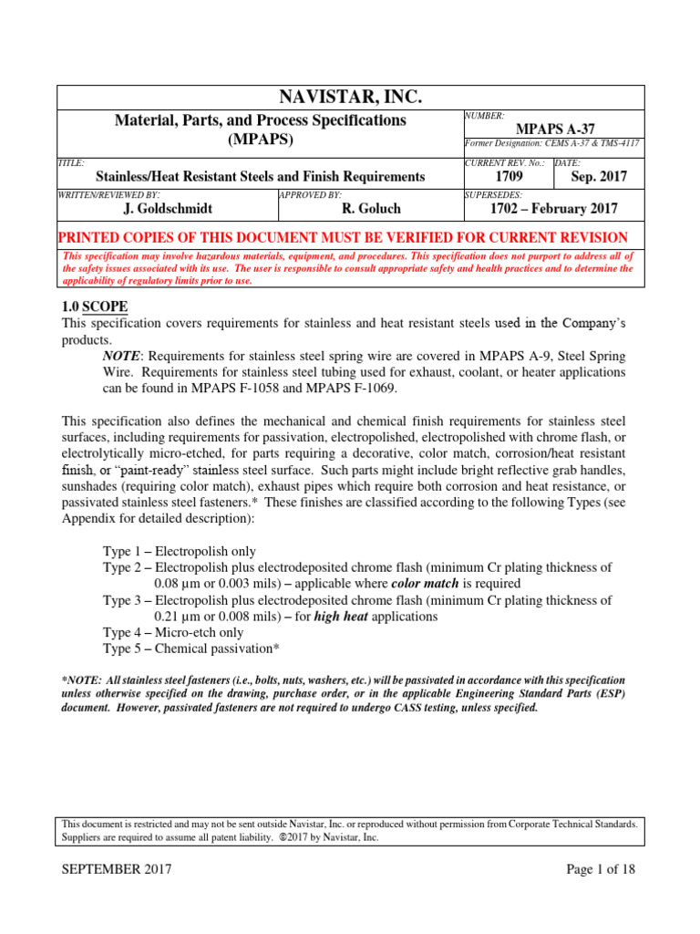 MPAPS A37 StainlessHeat Resistant Steels and Finish Requirements