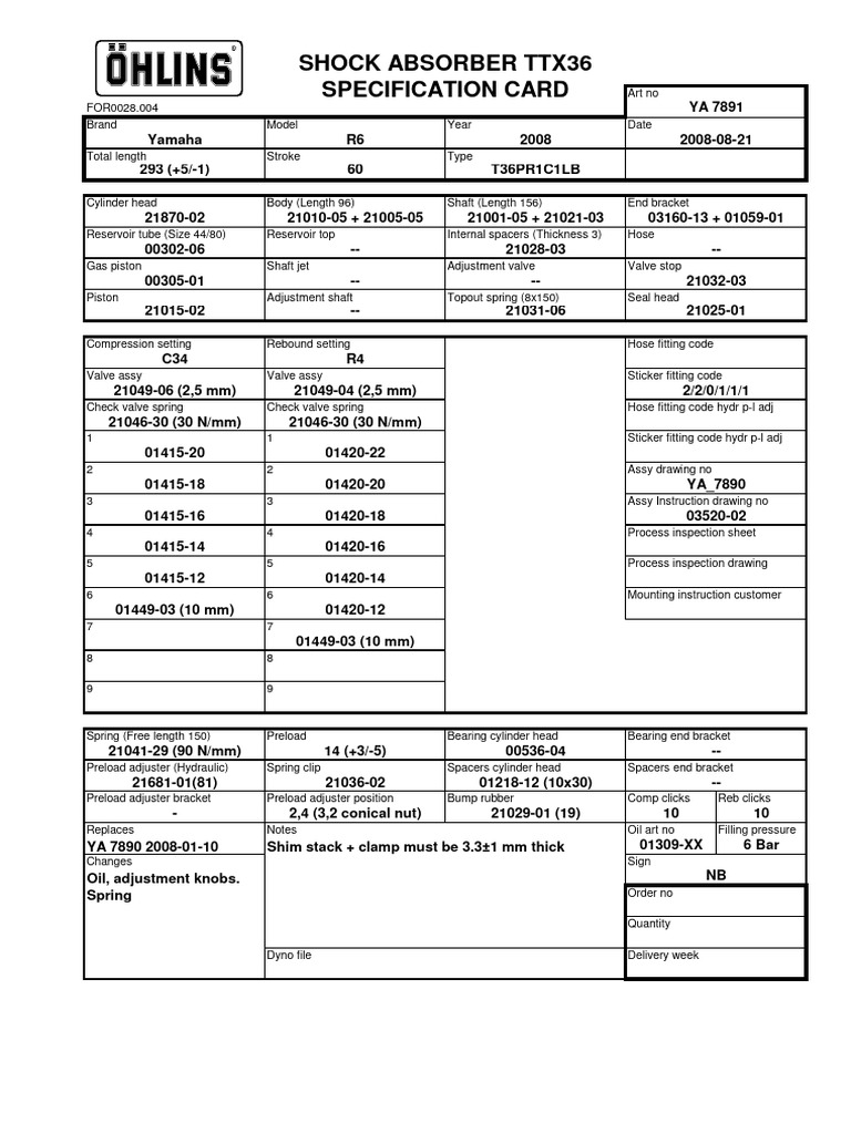 Shock Absorber Ttx36 Specification Card PDF Equipment Vehicle Parts