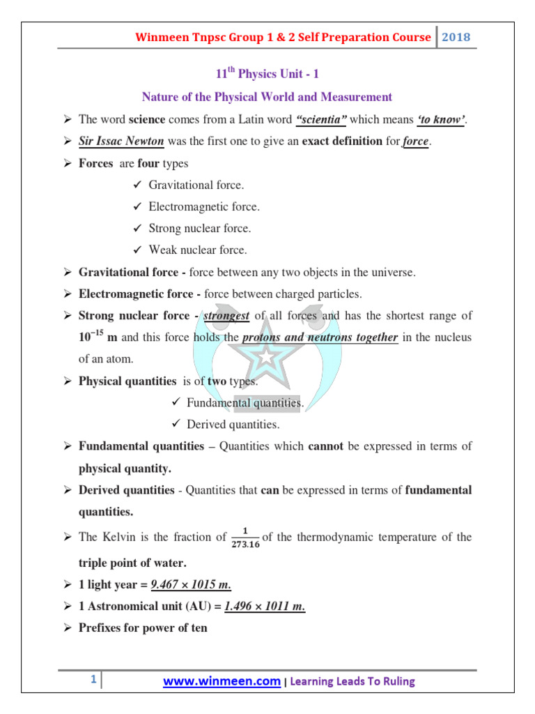 11th Physics Unit 1 Notes | PDF | Observational Error | Force