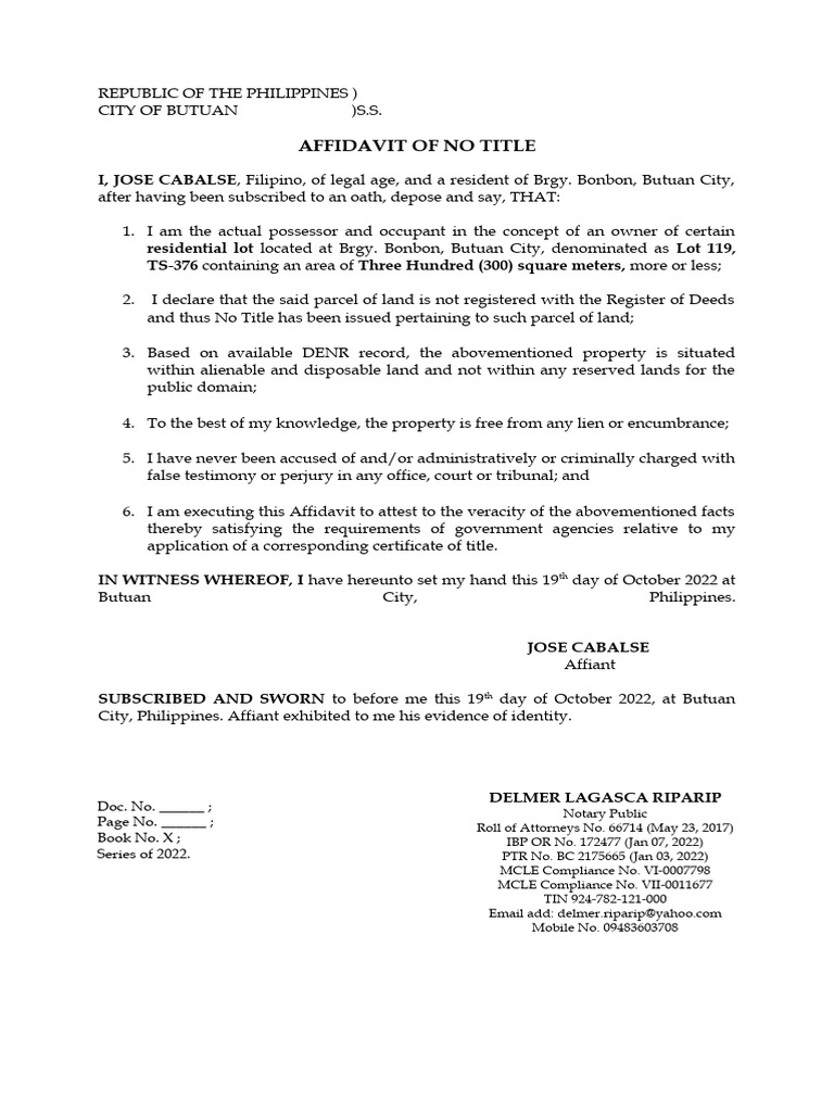Affidavit of No Title for Property | PDF | Affidavit | Common Law