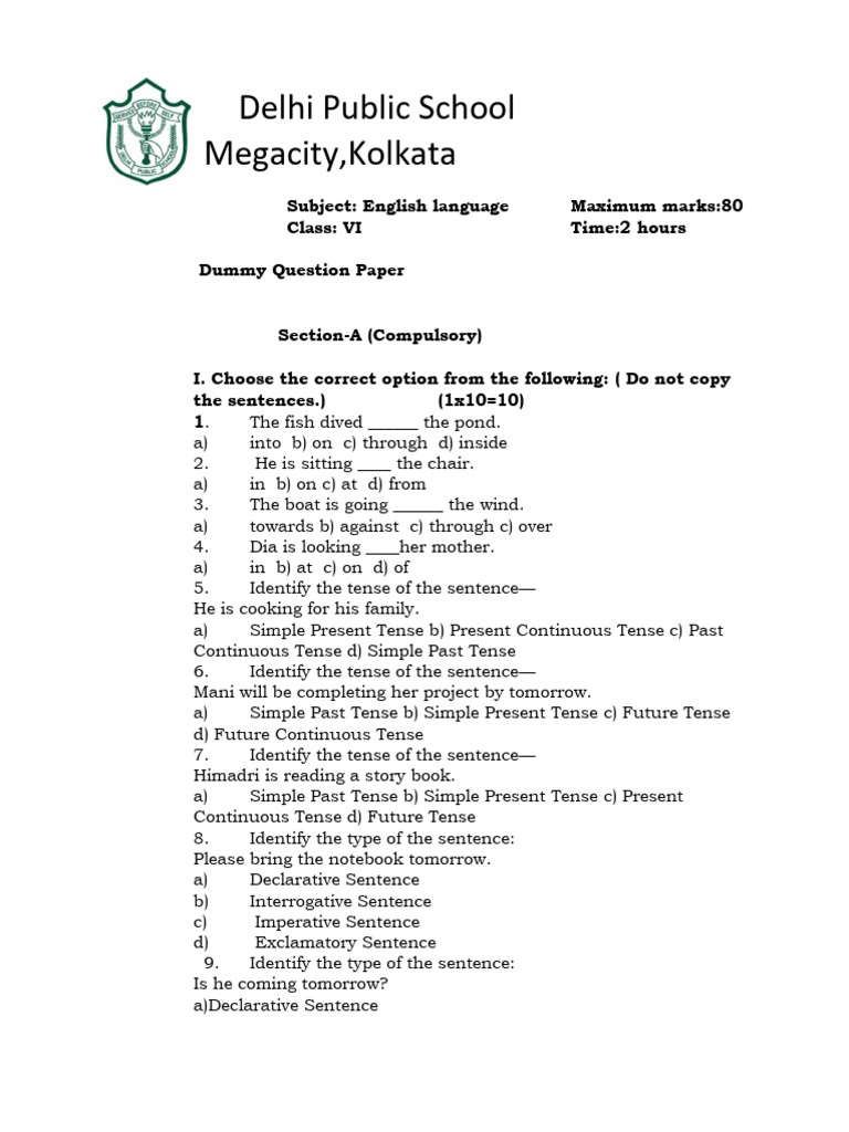 English Language Dummy Paper For Class 6 PDF