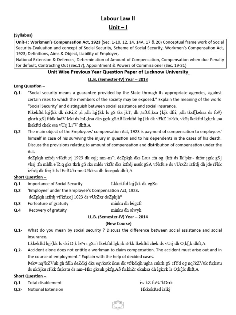 Labour law ii unit i unit wise previous year question paper of