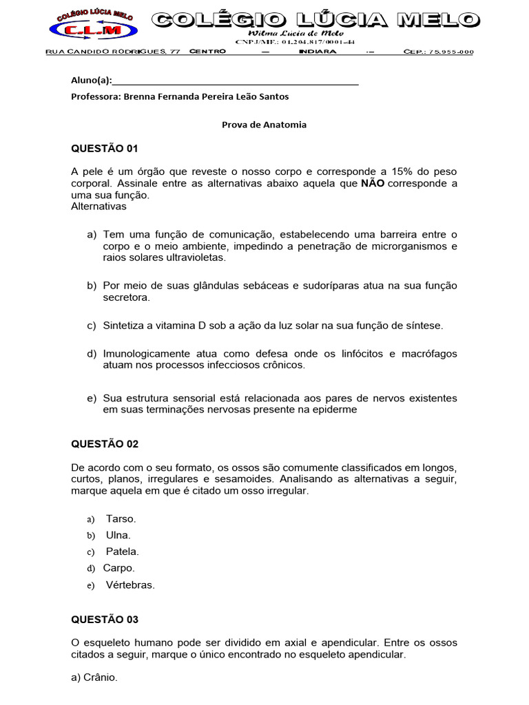 Prova Anatomia Humana Pdf