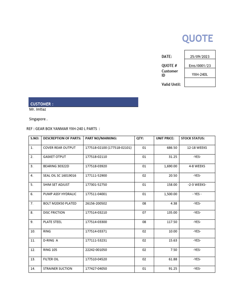 Yanmar Gearbox Parts Quote for YXH-240L | PDF | Equipment ...
