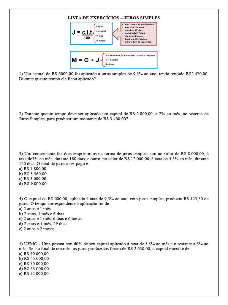 Lista de Exercícios Juros Simples | PDF