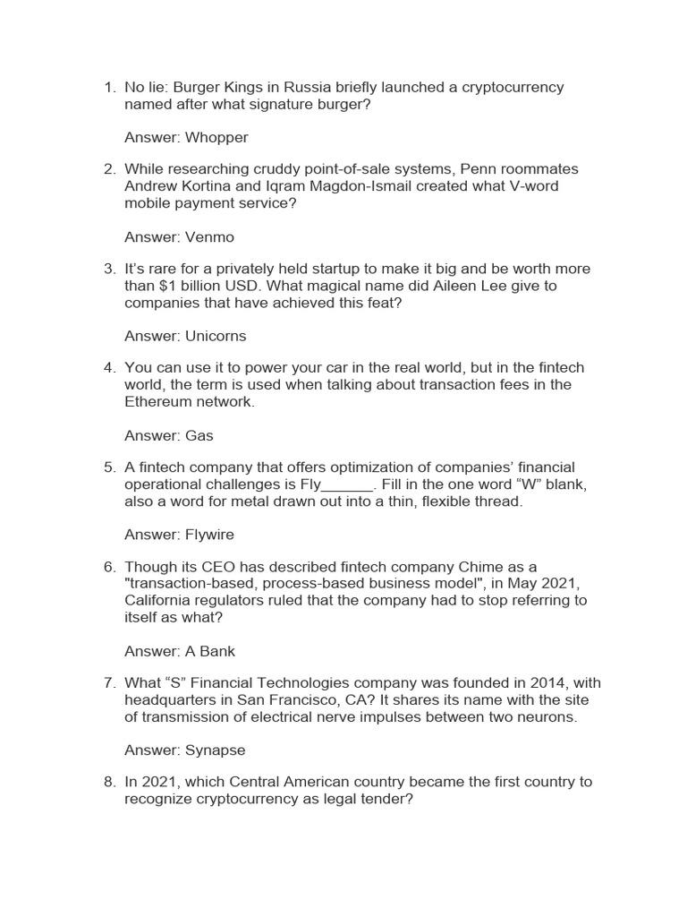 Fintech Quiz for Enthusiasts | PDF | Cryptocurrency | Service Industries